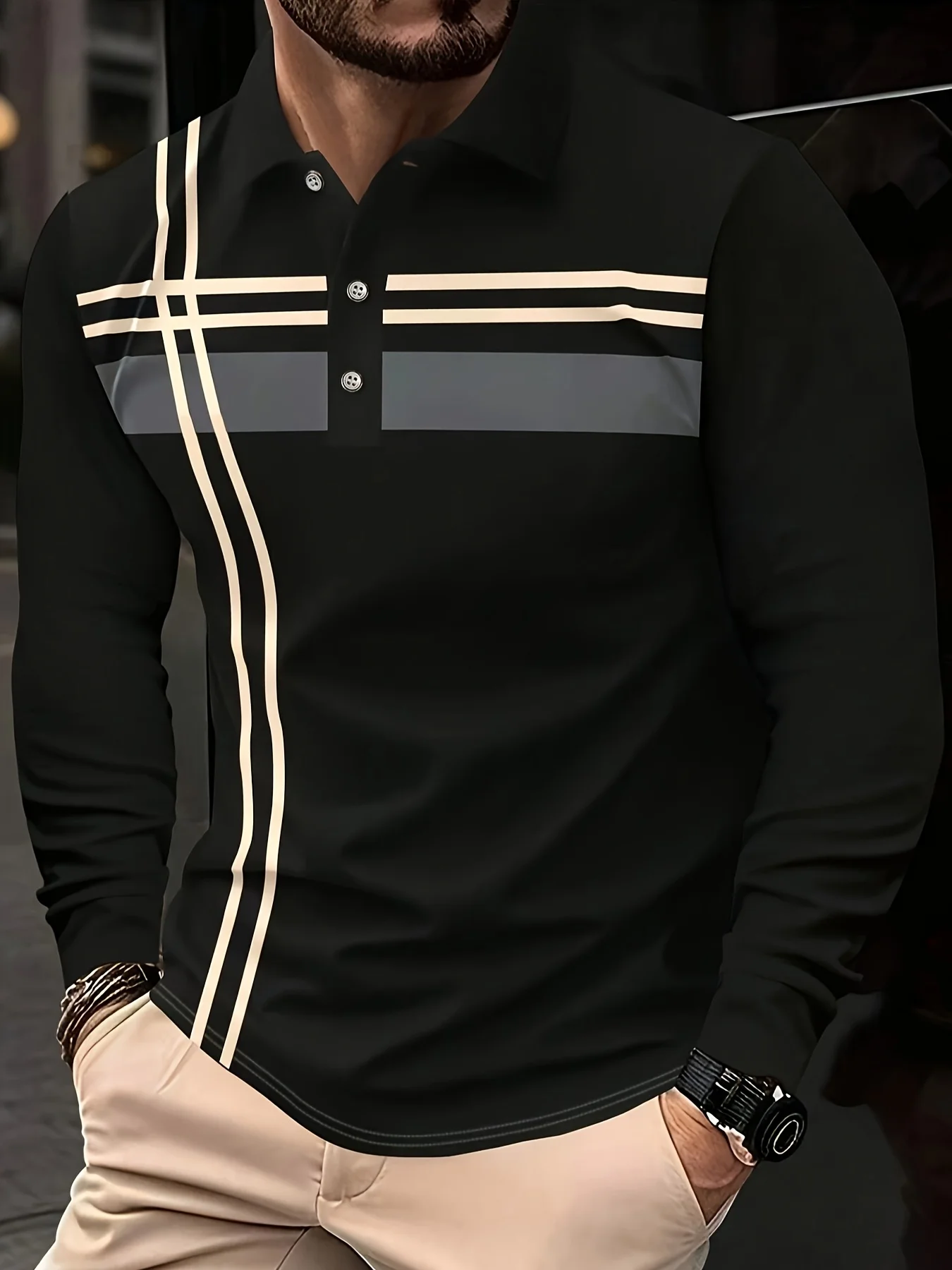 Men Striped Plaid Long Sleeve Polo Shirt, Lapel Button Casual Golf Tops, Fashion Line Print Business Streetwear Male DailyOutfit