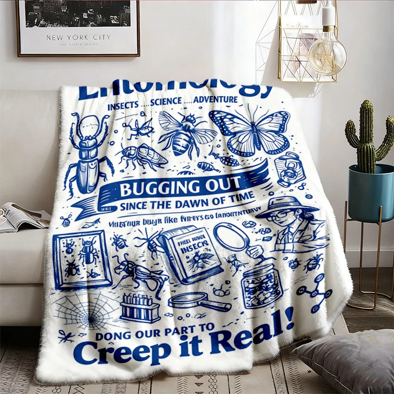 Entomology Vintage Science Flannel Blanket, Retro Insect Graphic Flannel Throw, 90s Academic Bug Diagram Cozy Blanket