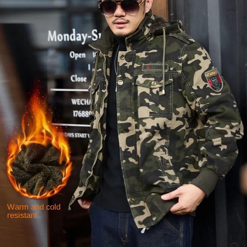 

Winter Cargo Pants Jacket Men's Camouflage Clothing Thickened Fleece-lined Warm Outdoor Hunting Cold-Resistant Hooded Coat