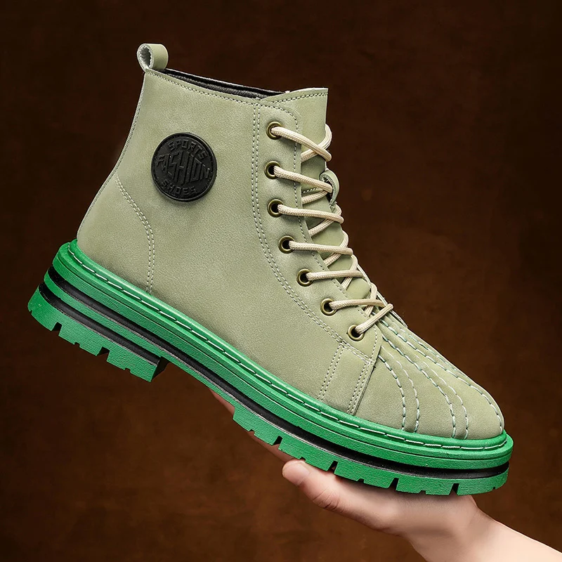 

Fashion Design Ankle Boots Men Green Casual Lace-up Men's Boots Outdoor Comfortable Non-slip Tooling Boots Men botas para hombre