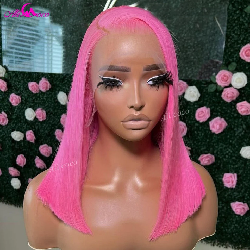 613 Pink Bob Straight 13x4 Lace Front Wig Remy Hair Lace Frontal Human Hair For Women Transparent Pre Plucked Wig