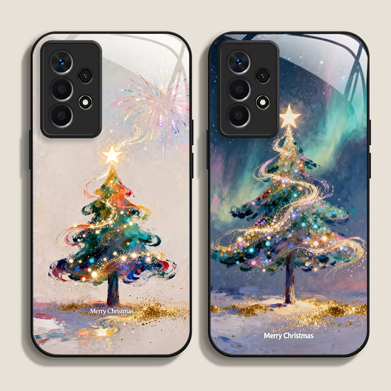 Cartoon Christmas Tree Snowman Pattern Tempered Glass Phone Case for Samsung Galaxy S26 S25 Ultra S24 S23 Plus S22 S21 FE Cover