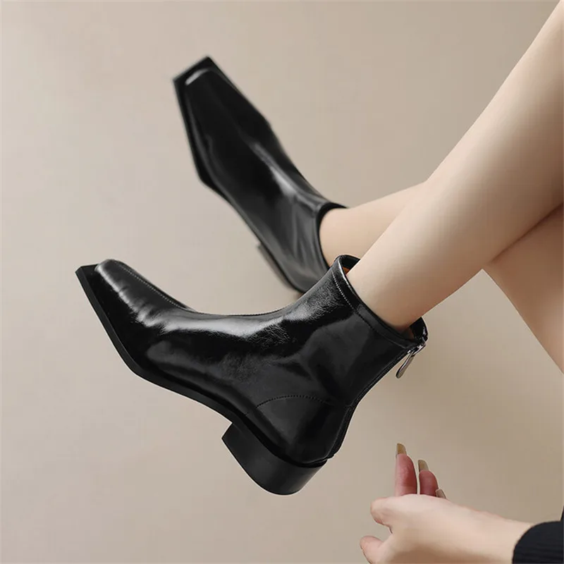 2023 New Autumn Winter Split Leather Women Boots Square Toe Short Boots for Women Chunky Heels Boots Zapatos De Mujer Female