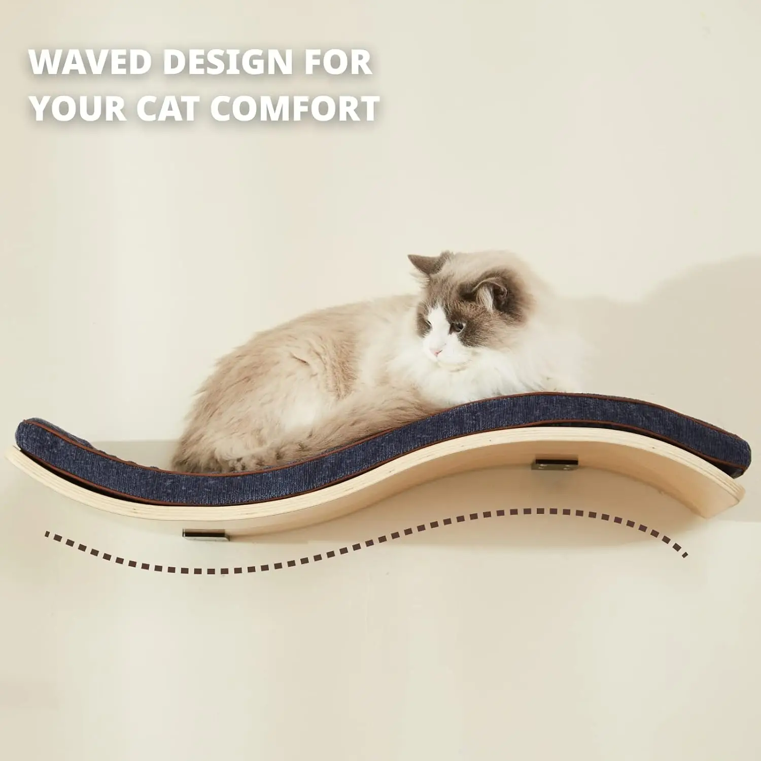 

Cat Shelf with Comfortable Cushion - Wave Modern Cat Bed - Floating Cats Wall Perch - Wooden Wall Mounted Cats Furniture