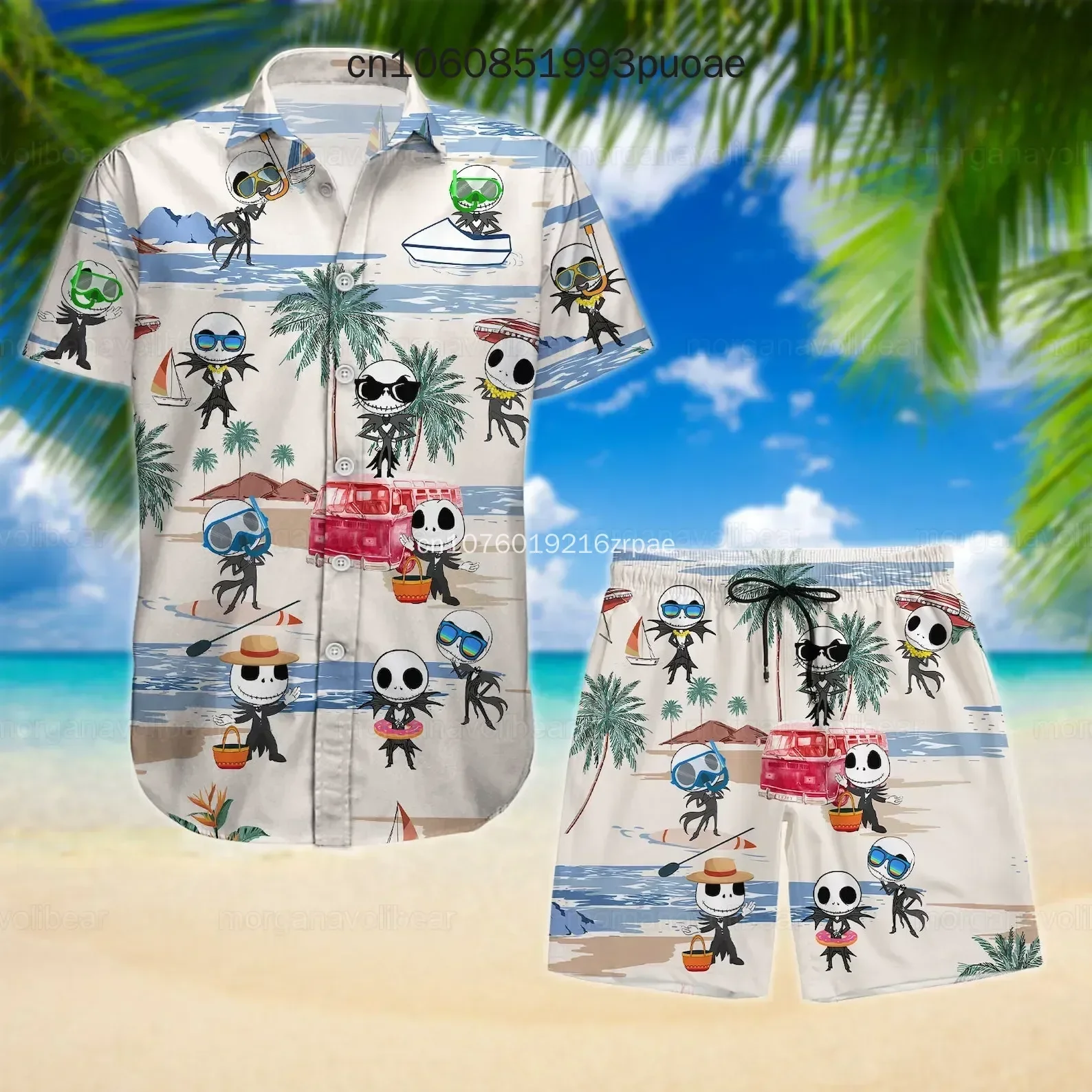 Jack Skellington Sweet Summer Vacation Hawaiian Shirt And Board Shorts Disney Fashion Short Sleeve Shirt Set Men Streetwear