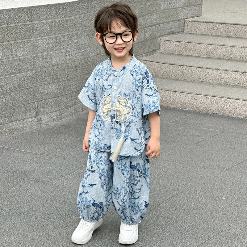 

Модные детские комплекты, летний детский костюм ханьфу в стиле Тан, костюм для мальчиков, детская одежда, комплект из двух предметов с короткими рукавами, повседневная одежда для мальчиков