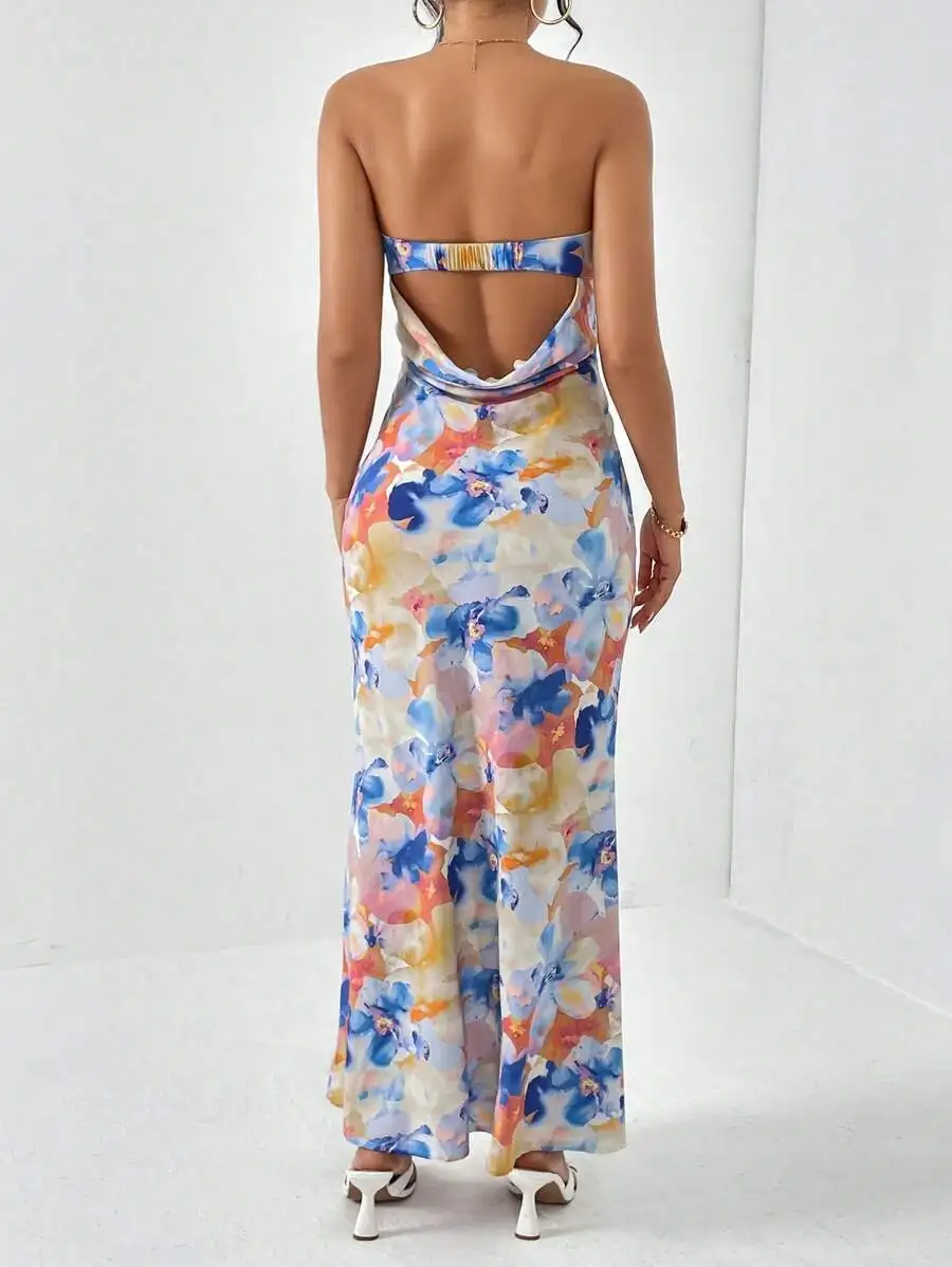

Women's Floral Print Backless Strapless Maxi Dress for Vacation Evening