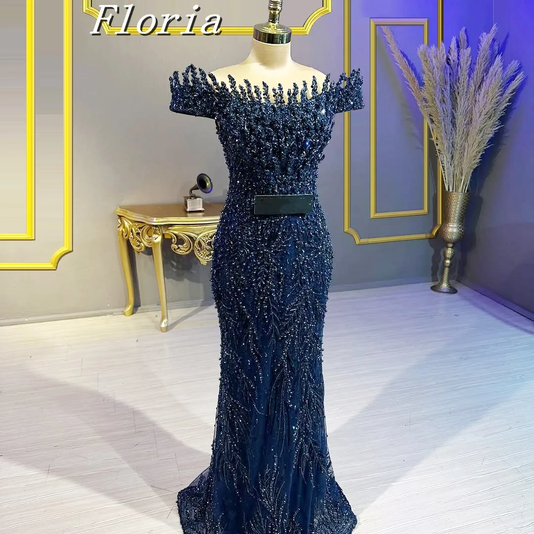 Elegante azul marinho vestidos de festa de casamento longo overskirt arábia saudita vestido de noite ocasião vestido personalizado vestidos de baile