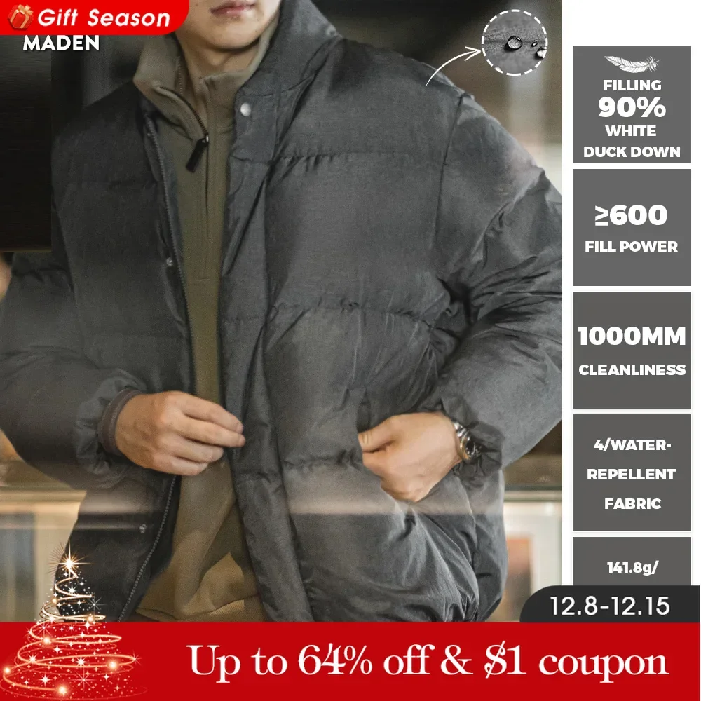 Maden Casual Stand-up Collar Down Jacket 90% White Duck Down Warm Loose Fit Versatile Solid Color Outerwear for Men Winter Coat