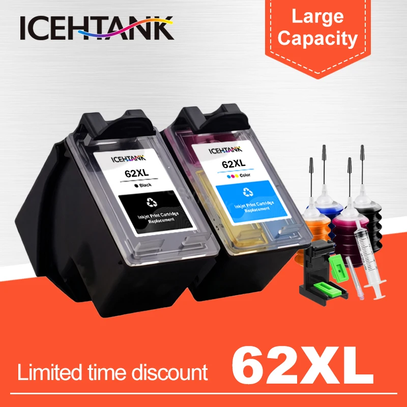 

Многоразовый картридж ICEHTANK 62XL, совместимый с HP 62 для HP62 Envy 5640 5660 7640 5540 5544 5545 5546 5548 Officejet 5740