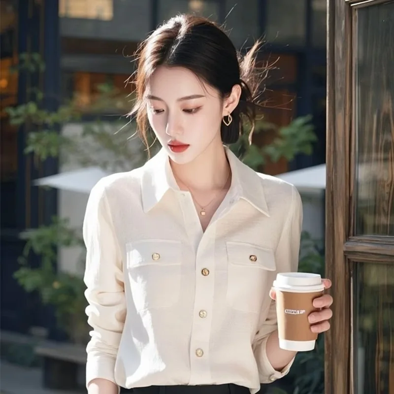 

Винтажные женские блузки, однотонные рубашки, модные свободные весенне-летние повседневные корейские женские топы на пуговицах с длинными рукавами