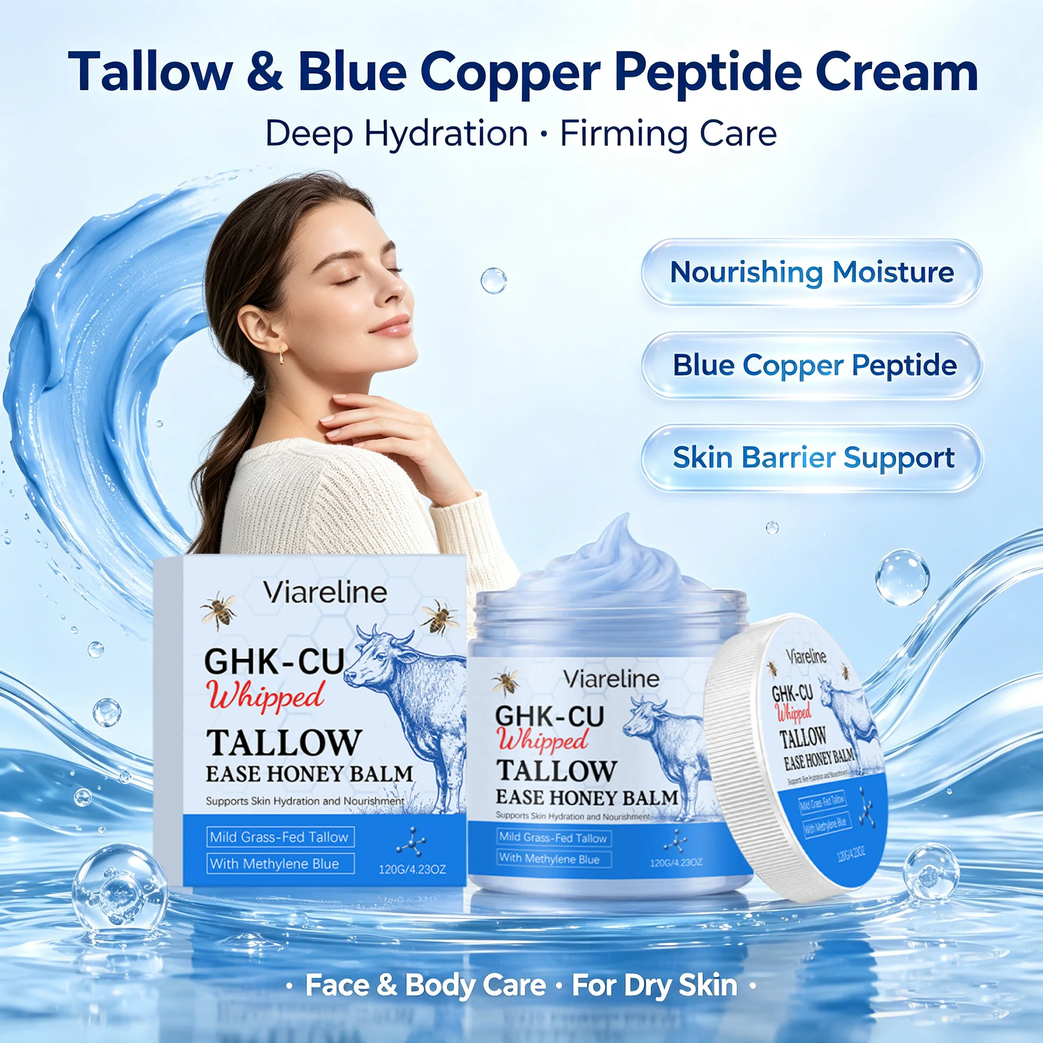 GHK-CU Copper Peptide Beef Tallow Honey Balm for Face & Body Skin Deep Hydrating Firming Smoothing Elasticity Skin Moisturizer