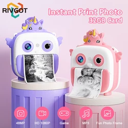 Kids Camera Instant Print 48MP Selfie Digital Camera for Christmas Birthday Gifts 1080P HD Cameras with Print Paper 32GB Card
