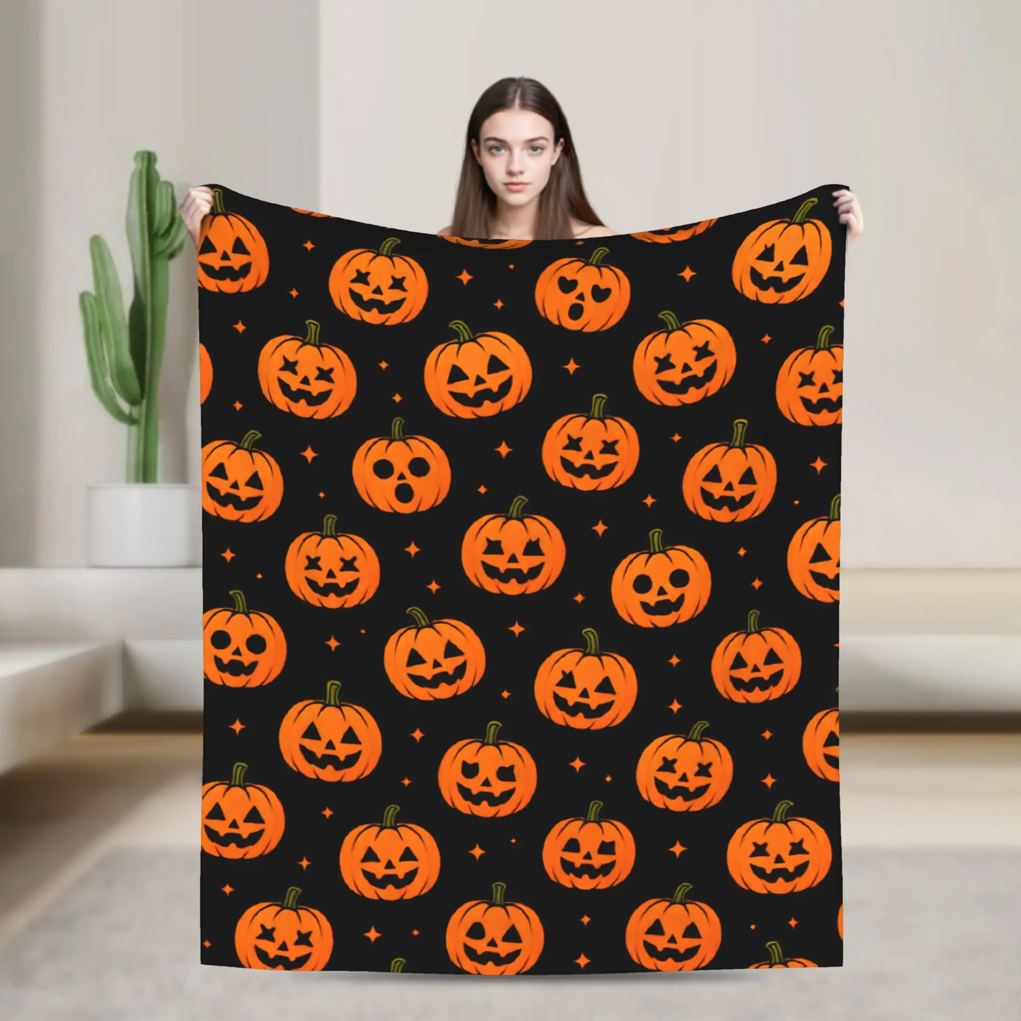 Halloween Different Face Pumpkin Seamless Pattern Black Background Soft Blanket Novelty Travel Throw Blanket Bedspread Bed Cover
