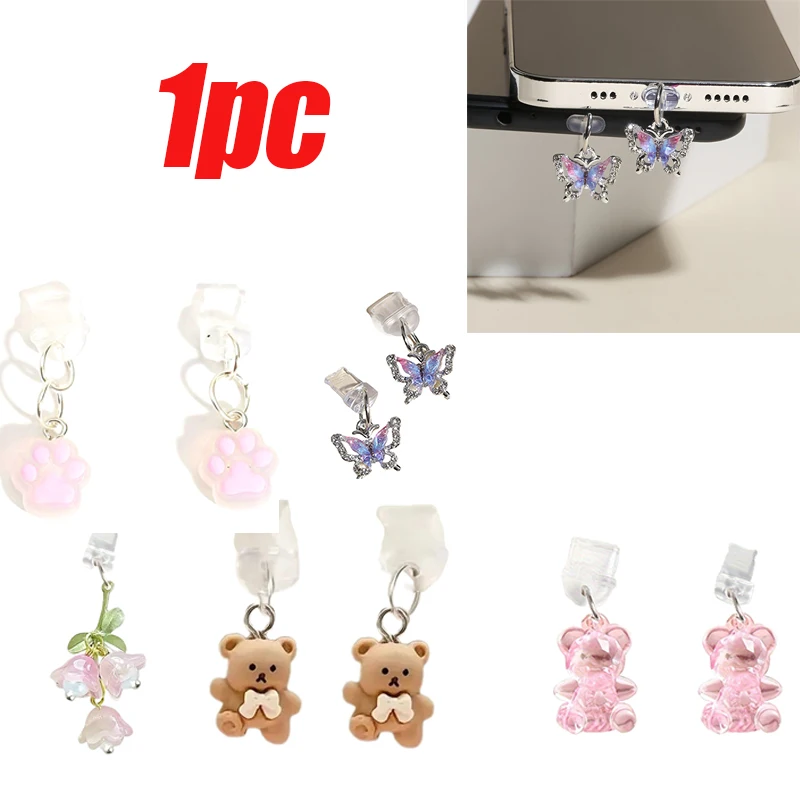 Butterfly/Flower/Bear Phone Dust Plug Hanging Ornament Pendant Decoration For Phone Access For Type-C/Micro USB Port Dust Plug