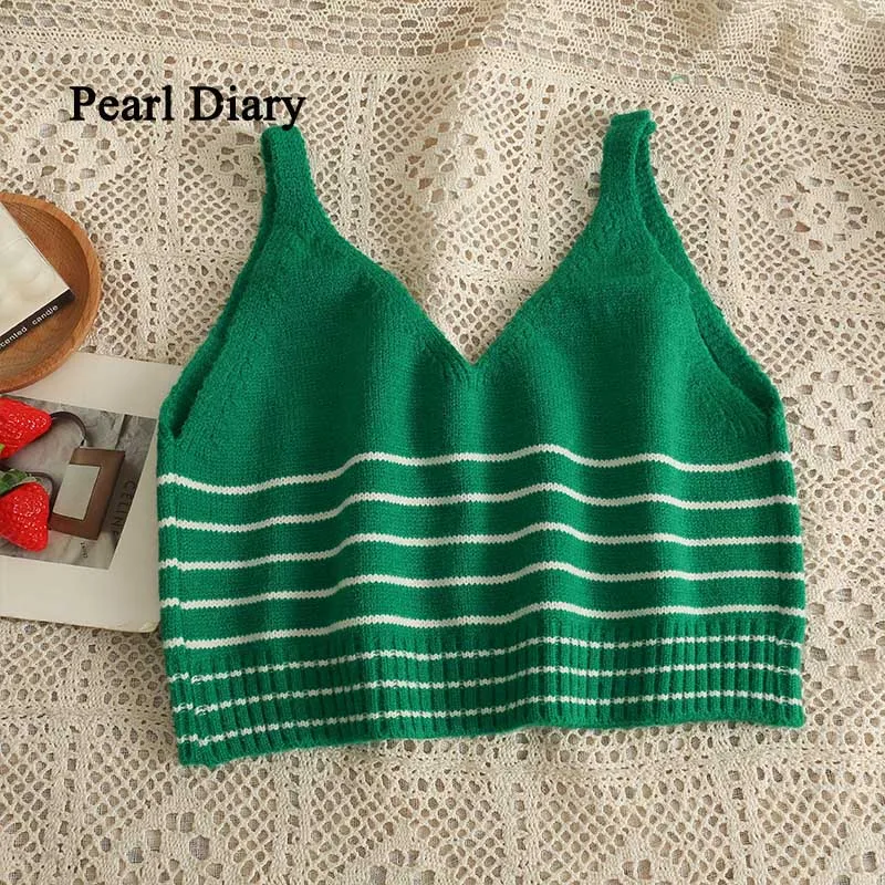 

Pearl Diary Summer Casual Top Solid Color Sleeveless Spaghetti Strap All-Match Chic Tops Screw Thread Women Knitted Crop Tops
