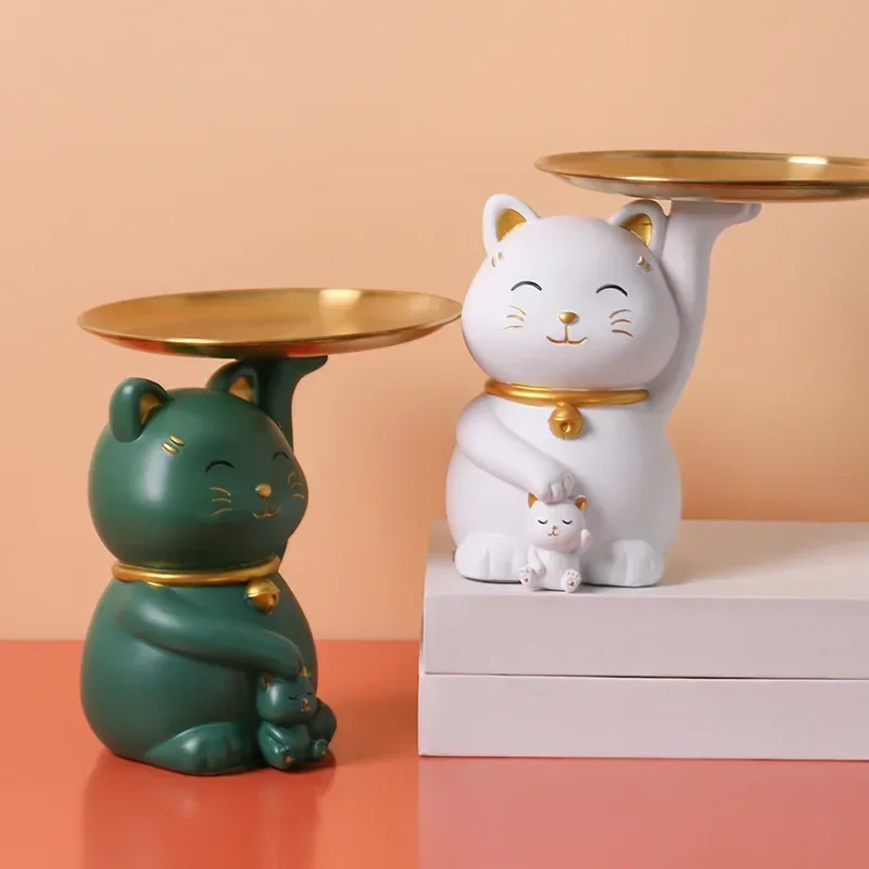 

Lucky Cat Statue Storage Animal Sculpture Ornaments Desktop Decorations Porch Key Tray Living Room Wine Cabinet Decoration