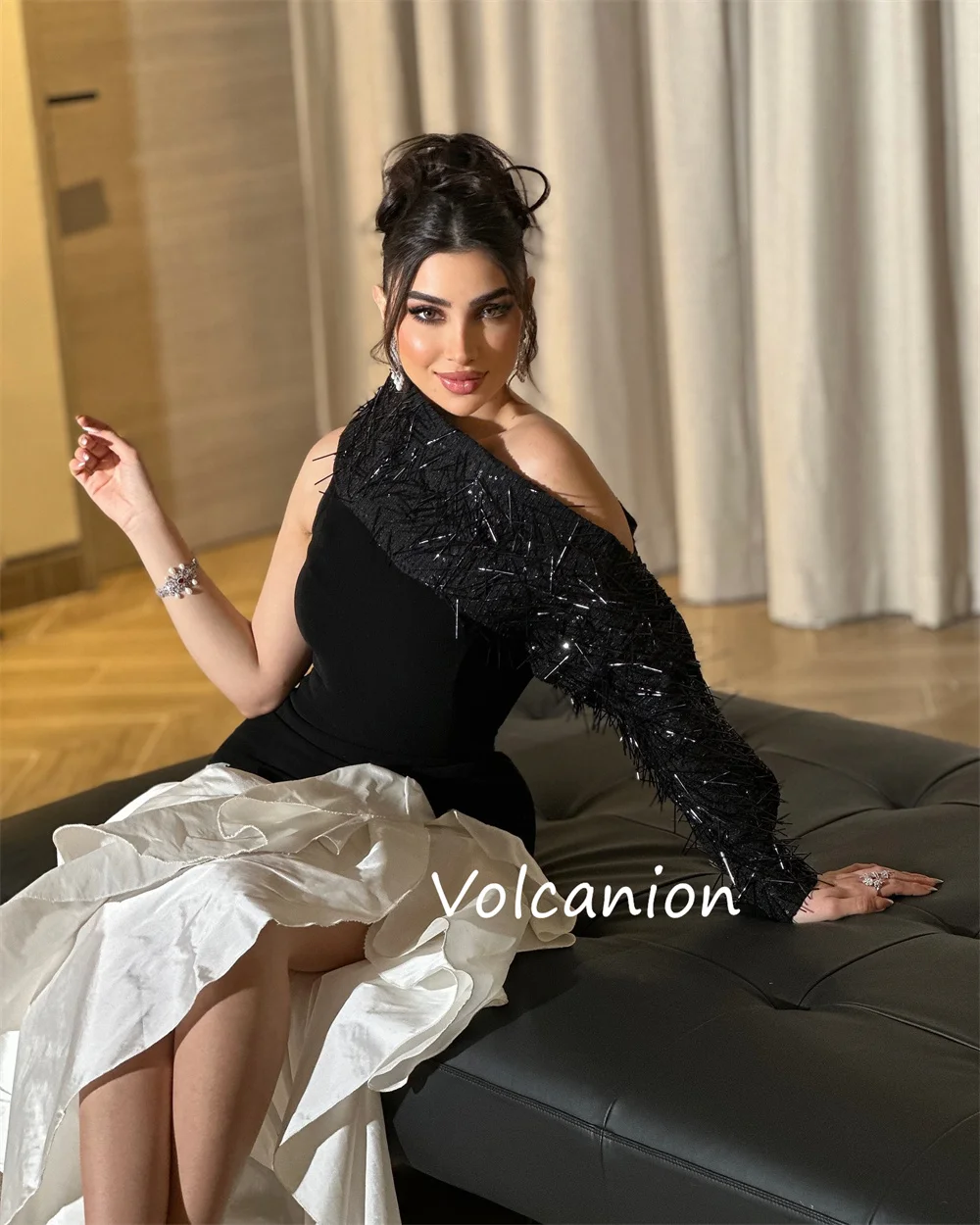 Customized Pastrol Charmeuse Pleat Sequined A-line Off-the-shoulder Midi Dresses Bespoke Occasion Exquisite