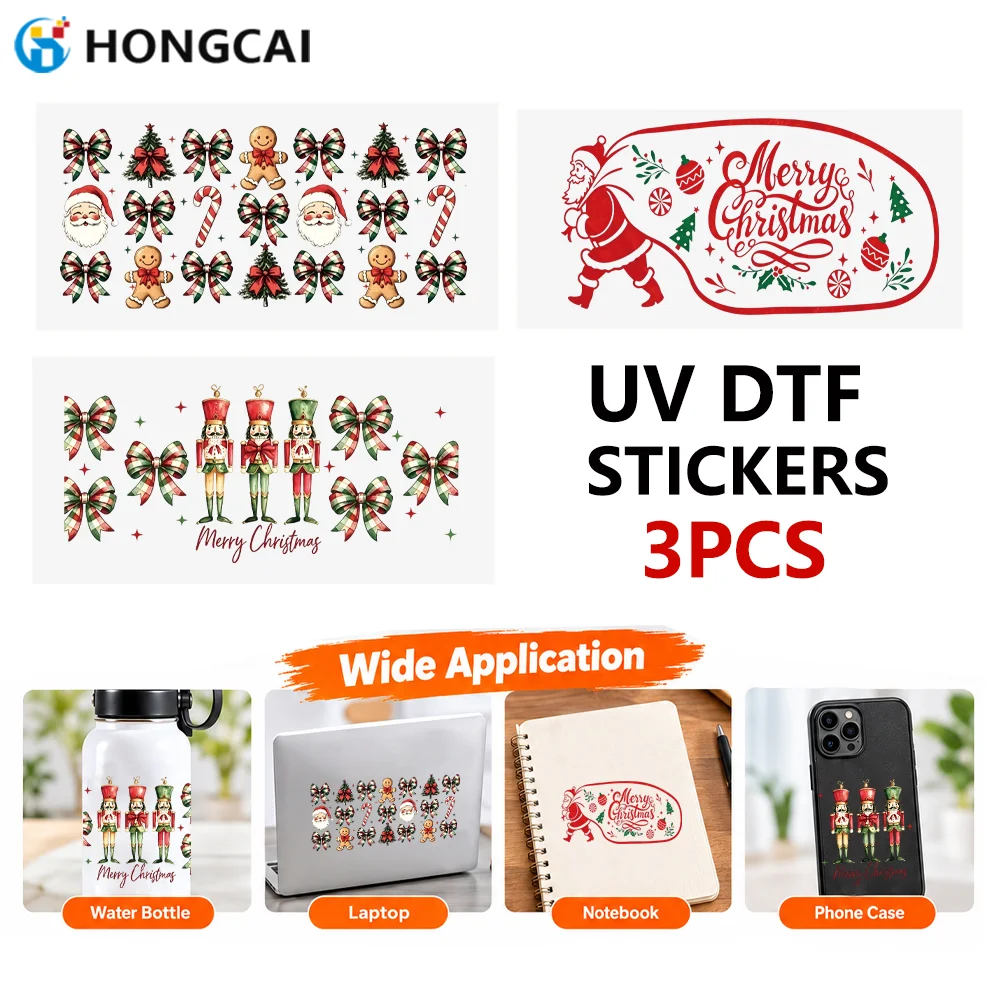 3PCS Santa Claus UV DTF Crystal Label Stickers. Waterproof and wear-resistant, DIY transfer decals for tumblers and phone cases.