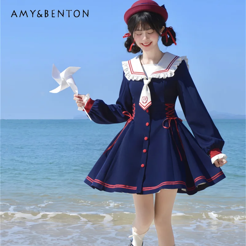 

Japanese JK Uniform College Style Sailor Collar Dark Blue Red Color Matching Tie Flare Sleeves A Line Waist Slimming Dress Women