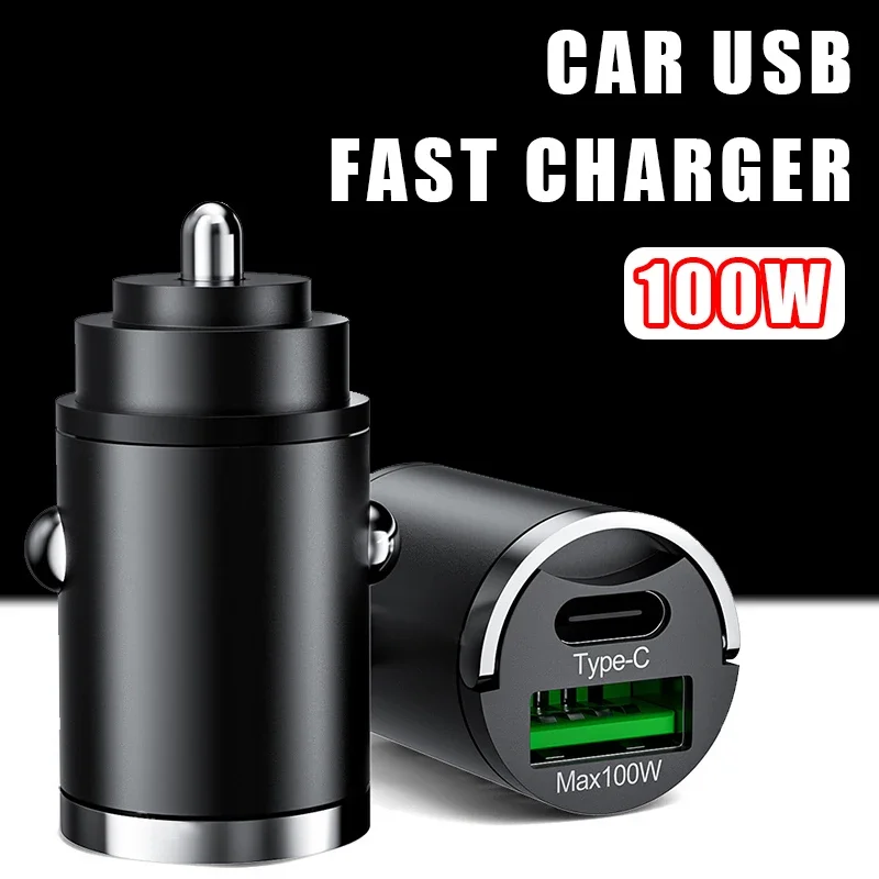 100W Mini Car Charger USB Type C QC3.0 PD Fast Charging 12-24V Pull Ring Car Adapter Phone Charger for Xiaomi Samsung Huawei