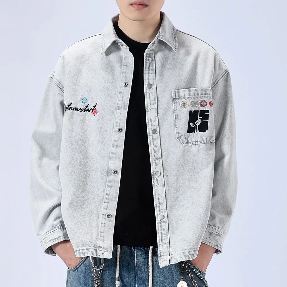 Vintage Washed Denim Embroidery Shirt Jacket Men Streetwear Fashion Hip Hop Loose Casual Long Sleeve Denim Jeans Shirt Coat