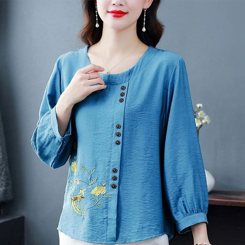 Summer Cotton Linen Embroidery Loose Casual Blouse Lady 3/4 Sleeve Vintage All-match Top Women Fashion Oversized Elegant Shirt