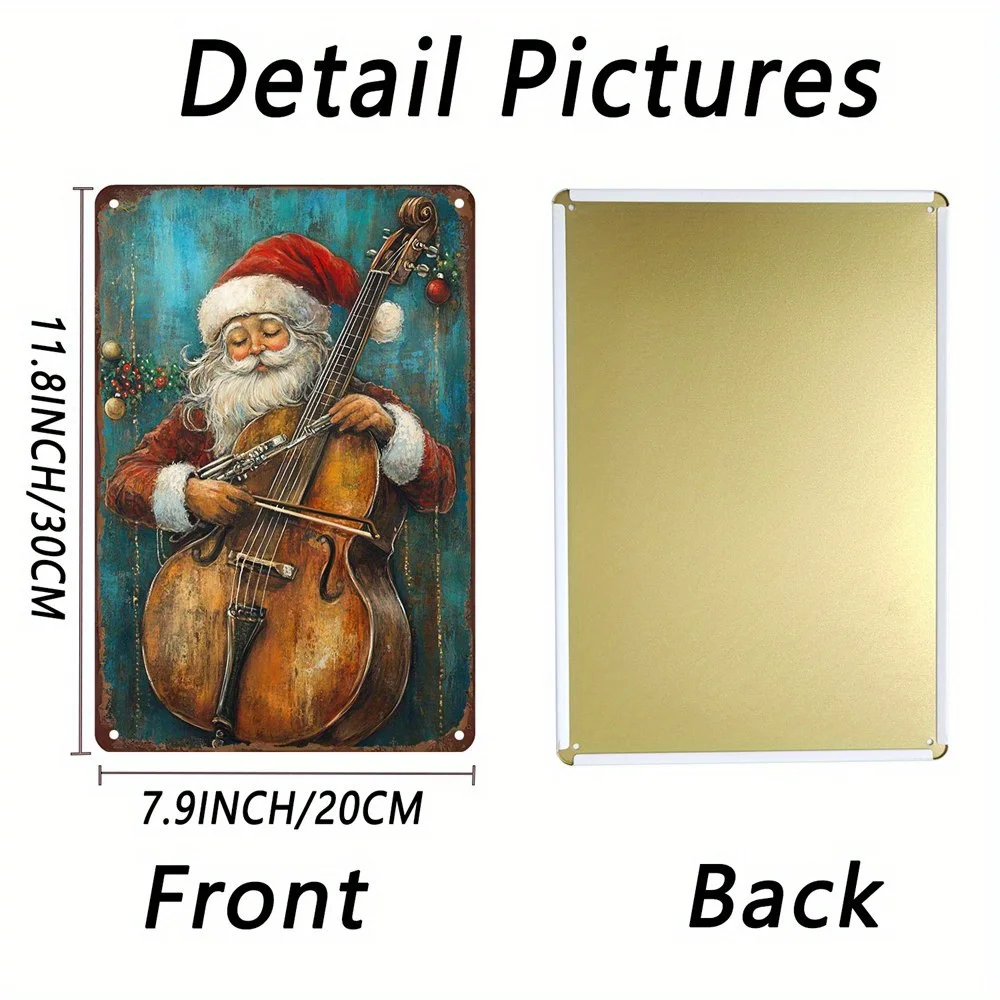 Father Christmas Violin Metal Wall Art Iron Poster Suitable for Home and Garden Holiday Wall Decoration Vintage Interior Artwork