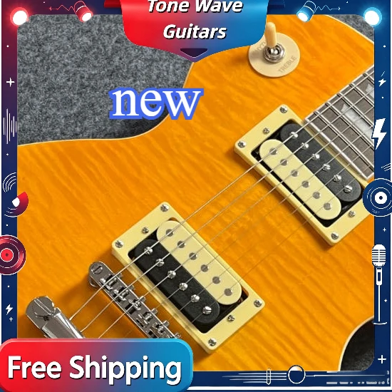 Amber Yellow Tiger Flame Top LPD Electric Guitar Mahogany Body Rosewood Fingerboard HH Pickups Rock Blues Stage Guitar