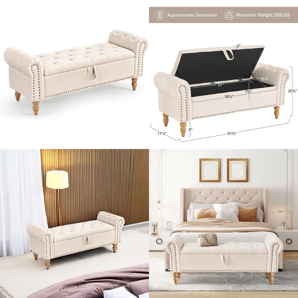 

Large Upholstered Storage Ottoman with Button-Tufted Design, 51 End of Bed Bench, Linen Window Bench for Extra Storage