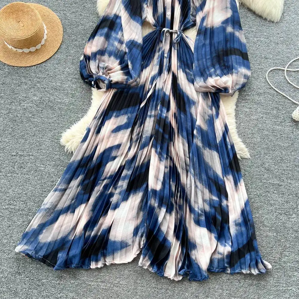 ชุดเดรสยาวสไตล์เกาหลี โบฮีเมียน แฟชั่นผู้หญิง ลายพิมพ์หลวมๆ ผูกเชือก ทรงเข้ารูป กระดุมแถวเดียว ดีไซน์หรูหรา สไตล์วินเทจ