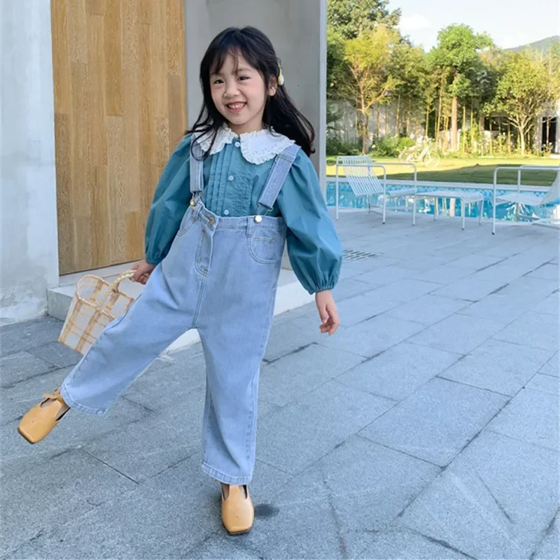 

2021 Spring New Arrival Kids Girl Denim Overalls Pants Fashion Solid Loose 100% Cotton Jeans Jumpsuit Children Clothes For 2-7T