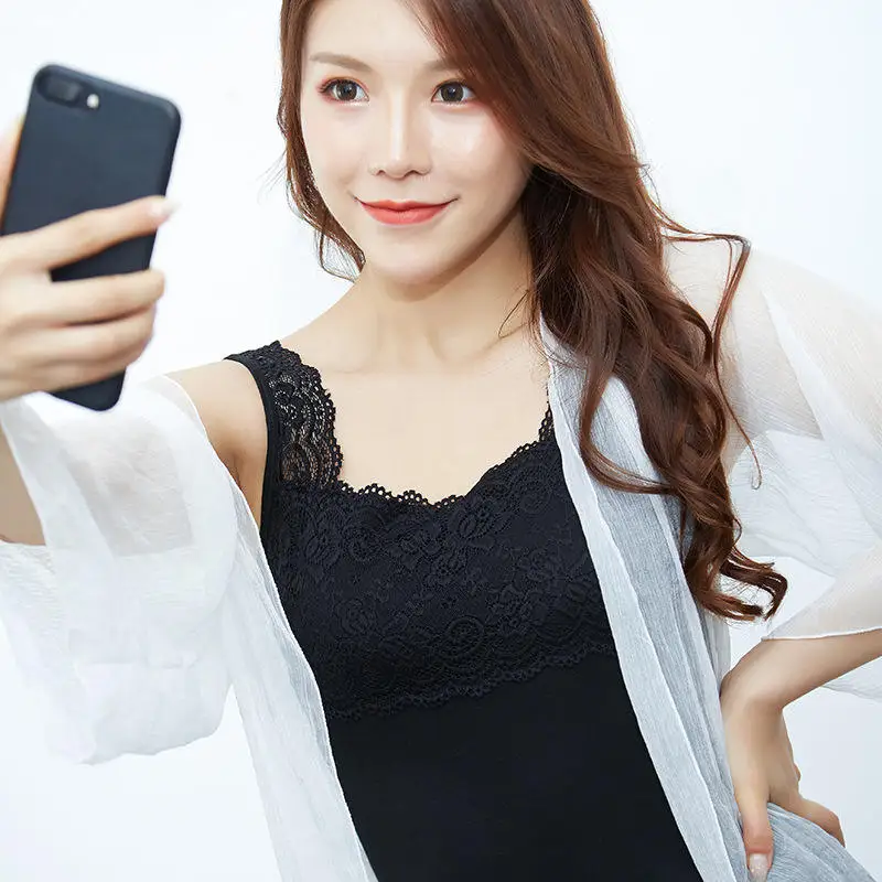Spring Summer Women's Slim Fit  Color Lace Base Tank Top Hollow out Backless Vest Pure Color Base Shirt Female Model