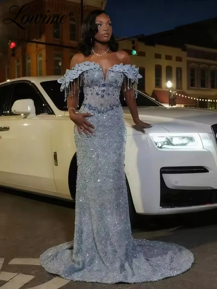 

Blue Off Shoulder Prom Dresses Mermaid African Plus Size Evening Gowns 2026 Long Celebrity Dress Wedding Party Dress Customized
