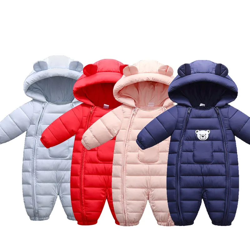 2025 A/w Baby Hooded Romper Cartoon Bear Thick Clothes Baby Boys Girls Snowsuit Jumpsuit Toddler Overalls 0-24M