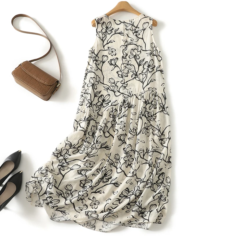 Women Long Dress Ink-dyed Floral Print Vest Sleeveless Loose Casual Beach Boho Dress 2025