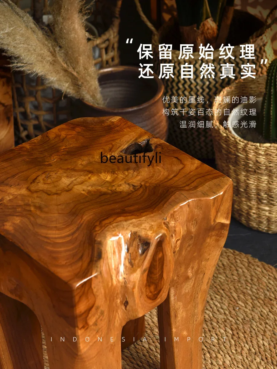 Teak Low Stool Root Carving Side Table Vintage Solid Wood Corner Table Shoe Changing Stool Decorative Art Ornaments