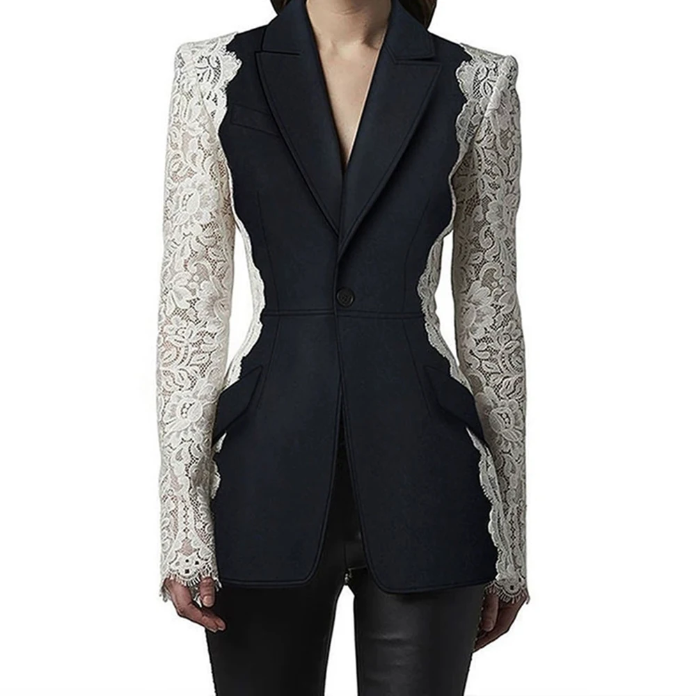 

2025 new European and American fashion slim fit one button contrast lace stitching suit jacket-GZXX1546