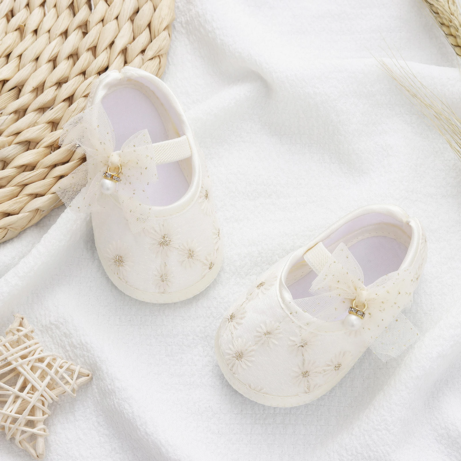 0-12montsh Baby Girls Princess Shoes Pearl Bow Soft Sole Baby girls Casual Shoes Slip daily summer First Walking Shoes