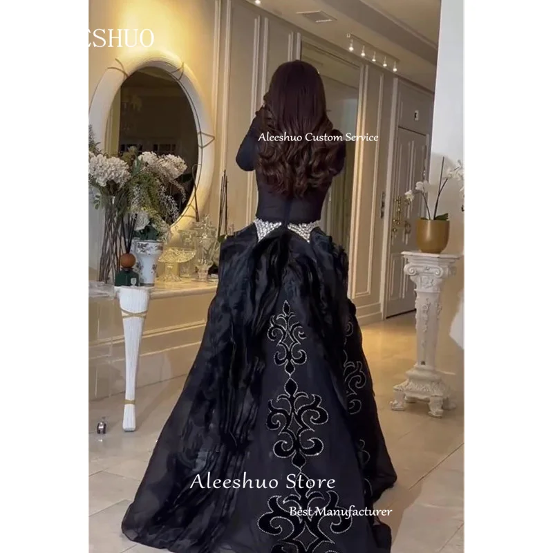 Aleeshuo Exquisite Black Long Sleeves A-Line Prom Dresses Strapless Shiny Beading Evening Dresses Floor-Length 2025 Customized