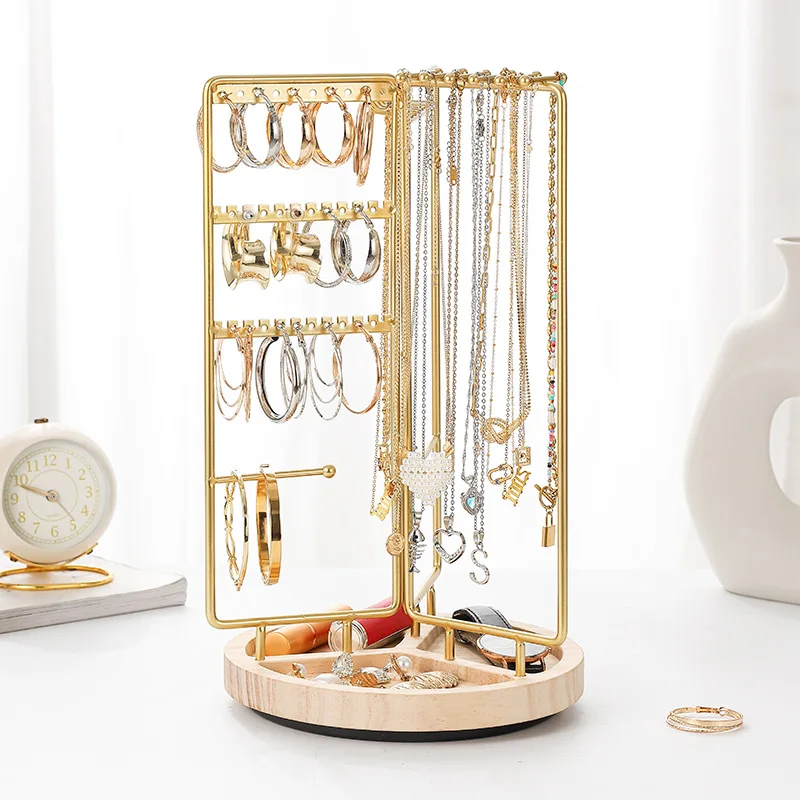Iron Jewelry Organizer Stand- Gold Metal Frame & Wooden Base, Foldable & Rotatable