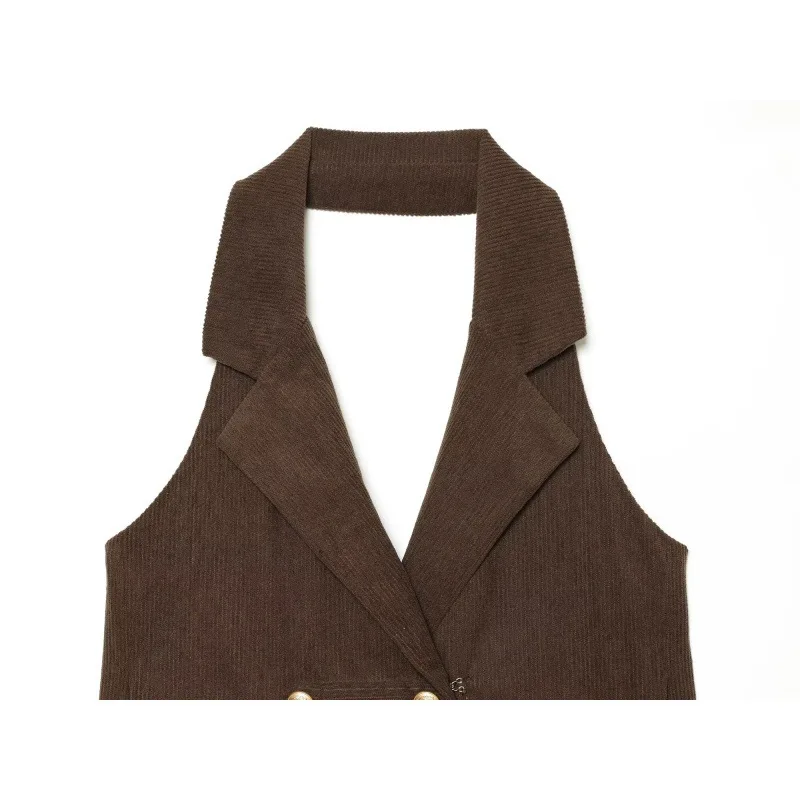 Slim Fit Corduroy Top with Hanging Neck Design And Rope Knot Buckle for Women Short Length Double Button Closure Fashionable ...