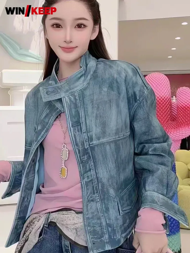 Sweet Female Stand Collar Single-Breasted Genuine Leather Short Jacket Solid Color Long Sleeves Loose Sheepskin Outerwear