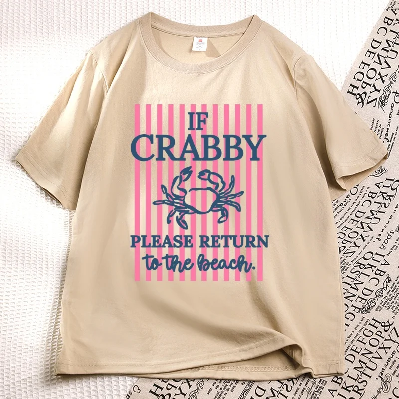 If Crabby Please Return To The Beach T-shirt Striped Summer Beach Vacation T Shirt Funny Crab Printed Cotton Short Sleeve Tees