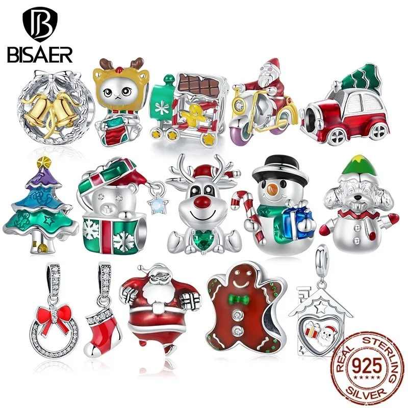 BISAER 925 Sterling Silver Christmas Tree Reindeer Charm Snowman Santa Claus Socks Pendant Fit DIY Bracelet Jewelry Festive Gift