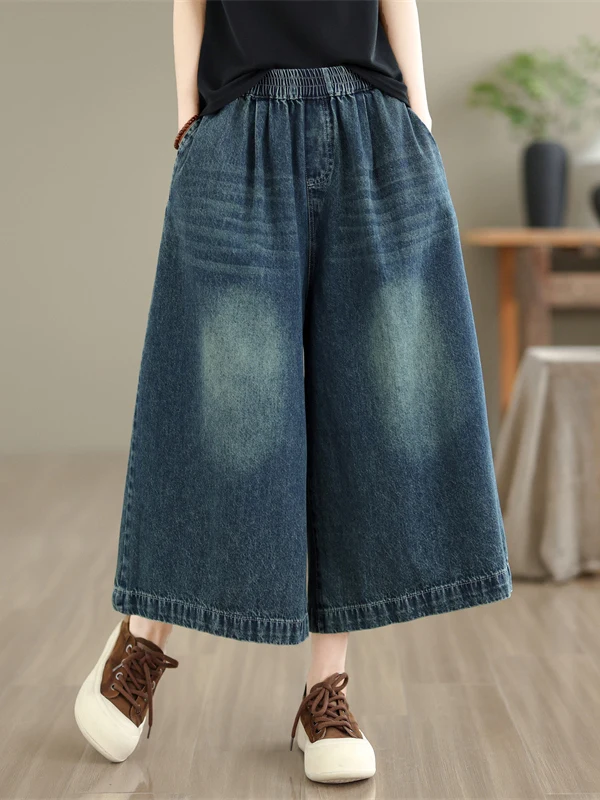 

Artistic Washed Denim Wide Leg Pants Women's New 2026 Casual Summer Loose Elastic Waist Jeans Eighteen Shorts Ladies