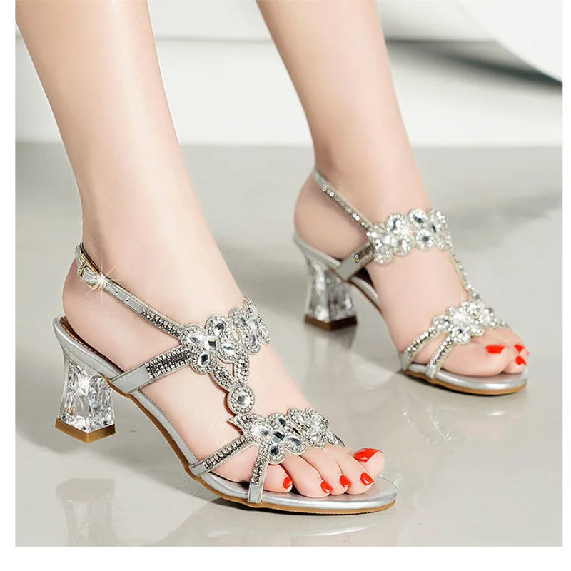 Summer New Style Rhinestone High Heel Sandals Women\'s Open Toe Fashion Sexy Beach Shoes Roman Diamond-encrusted Shoes