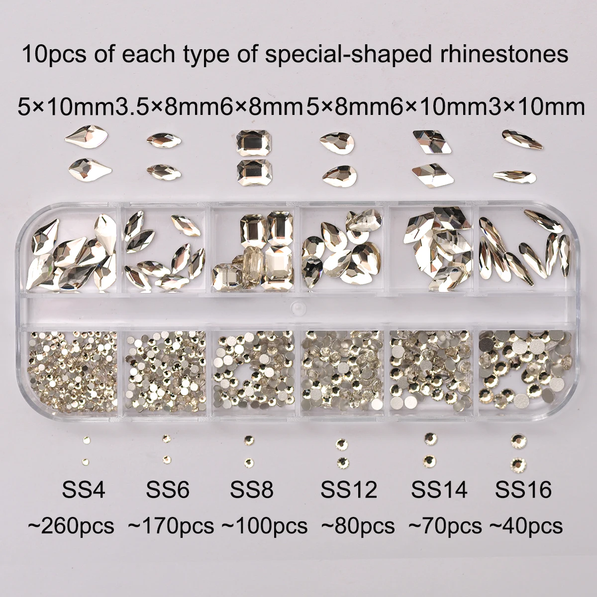 12 Grids Clear Mixed Sizes Nail Art Rhinestones Crystal 3D Glitter Non Hotfix Diamond Decoration Nail Parts Accessories