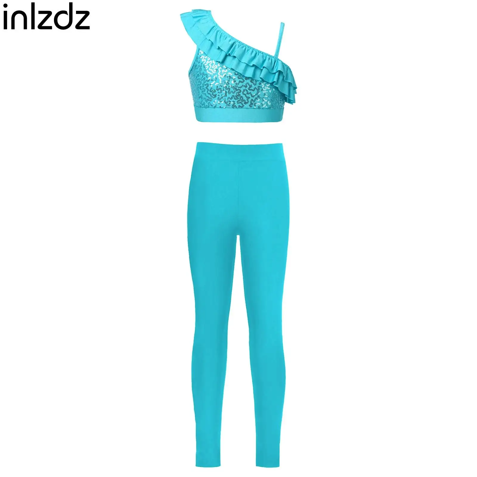

Kids Girls Latin Jazz Dance Ballroom Prom Performance Clothes Asymmetrical Shoulder Straps Sleeveless Crop Top with Leggings Set