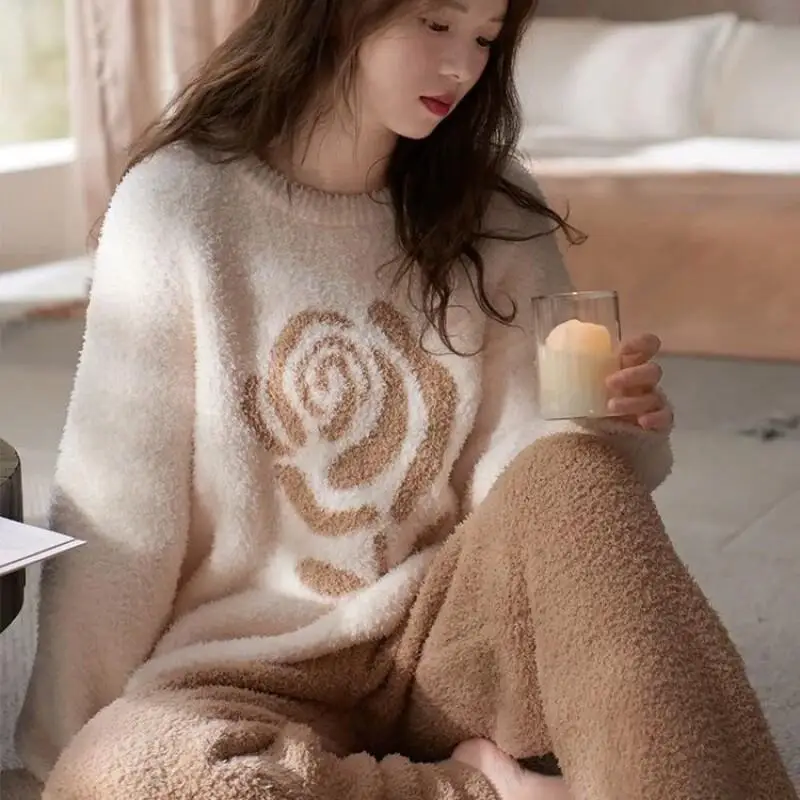 

Женские пижамы из Южной Кореи, осенне-зимние удобные пижамы с полуворсом, домашняя одежда, утепленный костюм из кораллового флиса на флисовой подкладке